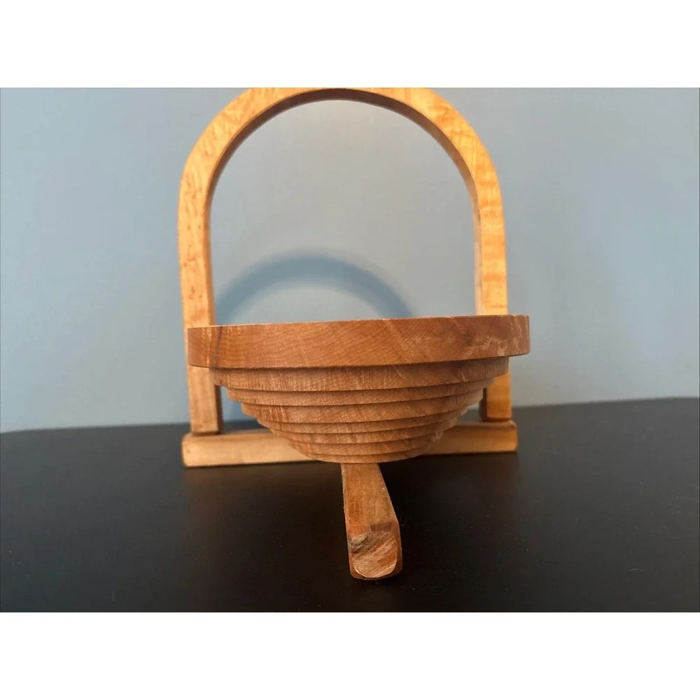 Collapsible Wooden Basket Oval Bowl Trivet Handcrafted 15